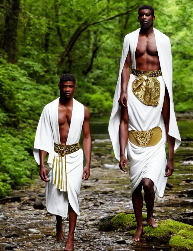 Prompt: longshot modern intricate textile ancient roman toga cloak nature african american walking along small creek river in the woods marc jacobs gucci white robes gold design