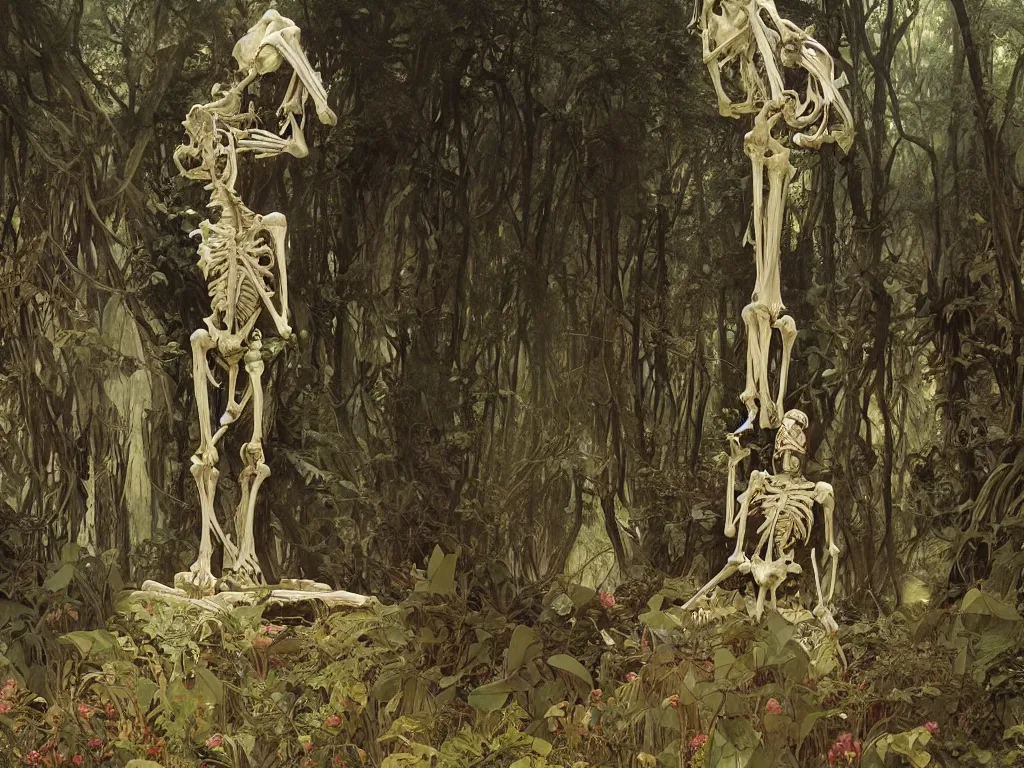 Image similar to horrifying depiction of huge ancient skeletal death god statues, deep in the forest, dawn, low light, artstation, alphonse mucha, realistic art deco, elden ring, jean gireaud, hiroshi yoshida, zdzisław beksinski, painted by craig mullins