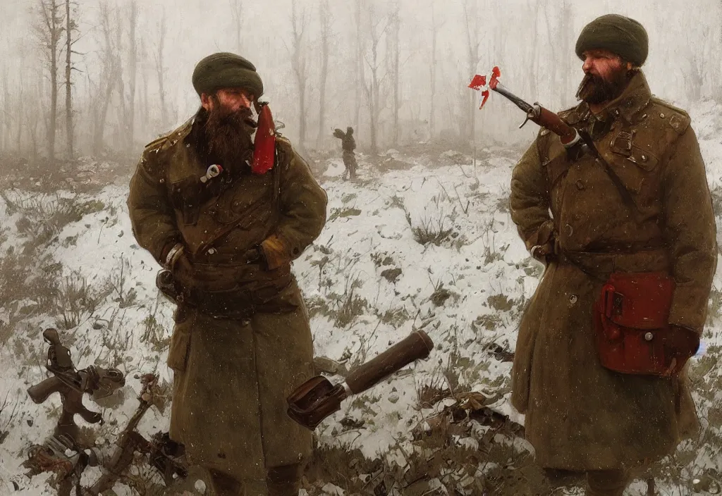 Prompt: A portrait of a single Soviet tankman with a short beard, wearing Sámi clothing, smoking a pipe, trending on ArtStation, 4k, oil painting by Jakub Rozalski and Alphonse Mucha