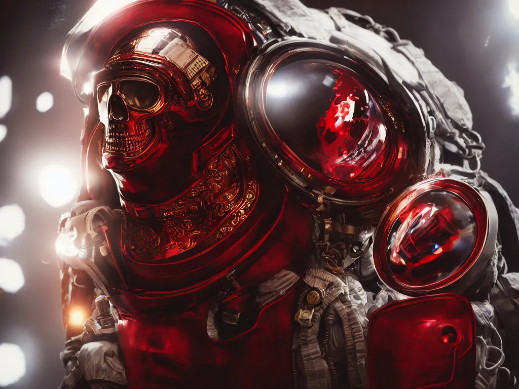 Image similar to ornate red skull in astronaut suit, gold linens, cinematic lighting, dramatic, octane render, long lens, shallow depth of field, bokeh, anamorphic lens flare, 8k, hyper detailed, 35mm film grain