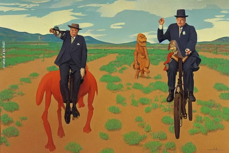 Image similar to Winston Churchill riding a T-Rex, painting by Jean Giraud and René Magritte