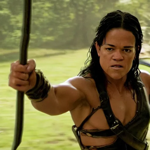 Image similar to Michelle rodriguez as an amazone warrior killing soldiers with her spear, cinematic lighting, high quality 8k hd, oil on canvas, hyperralistic art