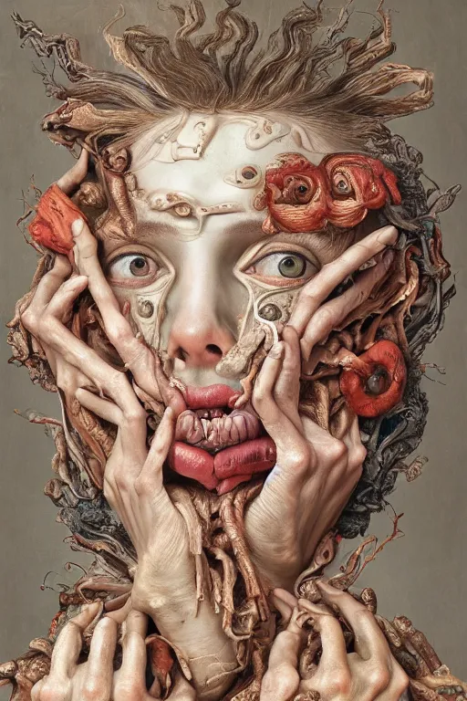 Image similar to Detailed maximalist portrait of a greek god with large lips and eyes, scared expression, botanical skeletal with extra flesh, HD mixed media, 3D collage, highly detailed and intricate, surreal illustration in the style of Jenny Saville, dark art, baroque, centred in image