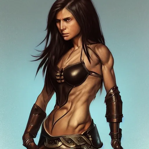 Prompt: “Tomboy Athletic Muscular woman student with dark long hair and rounded features, wears leather armor, D&D, fantasy, intricate, cinematic lighting, highly detailed, digital painting, artstation, concept art, smooth, sharp focus, illustration, art by Artgerm and Greg Rutkowski and Alphonse Mucha, picture from the waist up”