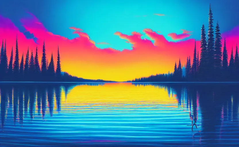Image similar to beautiful award winning synthwave painting of a canadian lake, extreme detail, digital art, 4 k, ultra hd