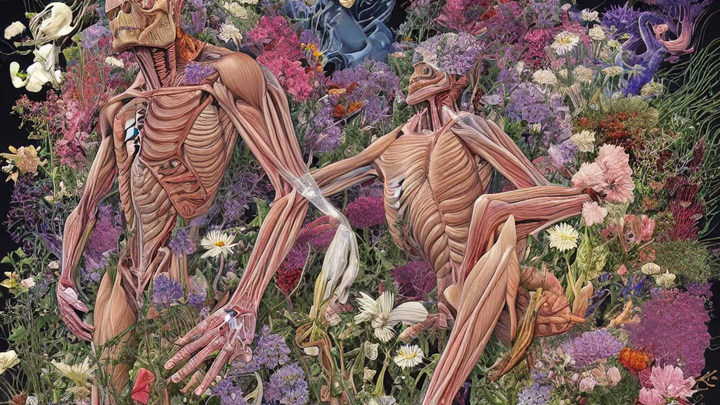 Image similar to highly detailed illustration of a human anatomy body exploded by all the known species of flowers by juan gatti, by makoto shinkai, by moebius!, by oliver vernon, by joseph moncada, by damon soule, by manabu ikeda, by kyle hotz, by dan mumford, by kilian eng