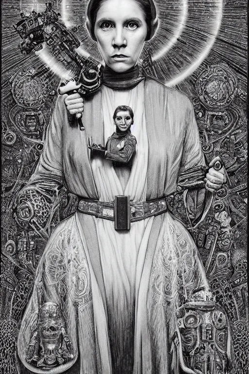 Image similar to highly detailed portrait of young princess leia organa by alex grey, patrick woodroffe, mark ryden created by gustave dore and greg rutkowski, high detailed, smooth draw, synthwave neon retro, intricate, realistic proportions, dramatic lighting, trending on artstation