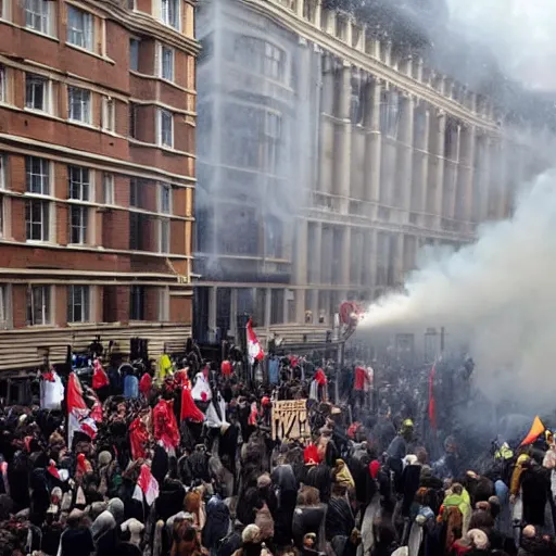 Image similar to a strong british protesters in london the weather is raining some of the protesters are burning down building