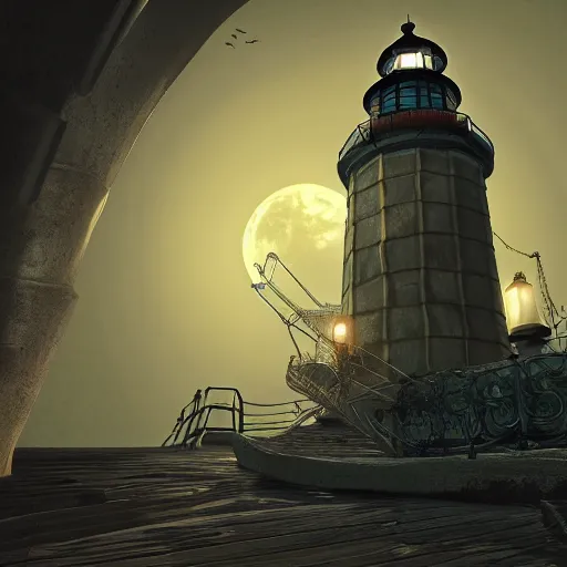 Prompt: The lighthouse from bioshock, extreme detail, vivid lighting, bloom, tasteful drawing, shadows, 8k by Ilya Repin