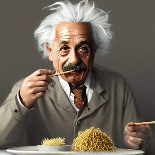 Image similar to Albert Einstein putting noodles in his mouth with chopsticks, hyperdetails, displacement mapped octane render, luscious patty with sesame seeds, ethereal, handsome, elegant, highly detailed, digital painting, artstation, concept art, matte, sharp focus, illustration, art by Artgerm and Greg Rutkowski and Alphonse Mucha