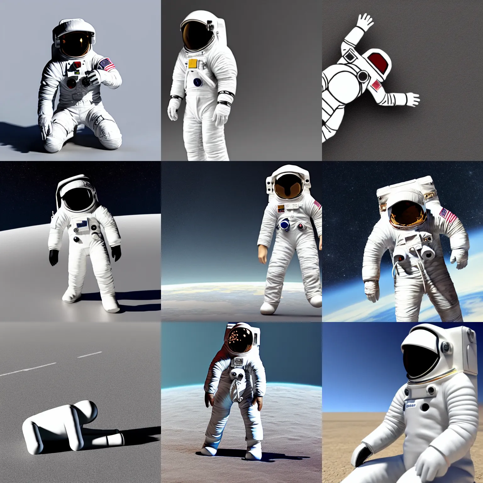 Prompt: a simple white astronaut on all fours.......................................................... a horse beside him, 3 d render.