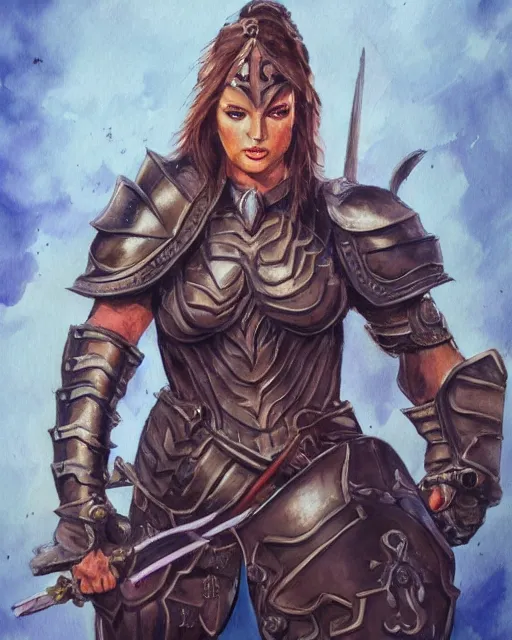 Image similar to a fierce and muscular warrior princess in full armor, fantasy character portrait, dark and atmoshperic gouache