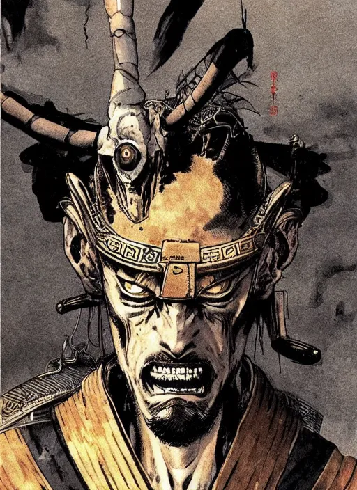 Prompt: a samurai with an extremely scary alien head, by takehiko inoue and kim jung gi and hiroya oku, masterpiece illustration, ultrarealistic, perfect face and anatomy, golden ratio