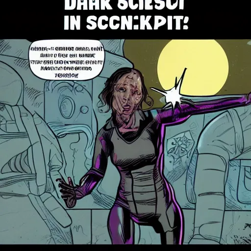 Image similar to woman in sci - fi suit tries to survive an undead outbreak in a dark spaceship, very detailed comic book