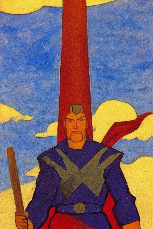 Image similar to thor holding the hammer, marvel, artwork by nicholas roerich,