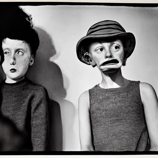 Image similar to high quality high detail photograph by diane arbus and vivian maier, hd, unsettling odd models acting weird, intense fear of unknown, photorealistic lighting