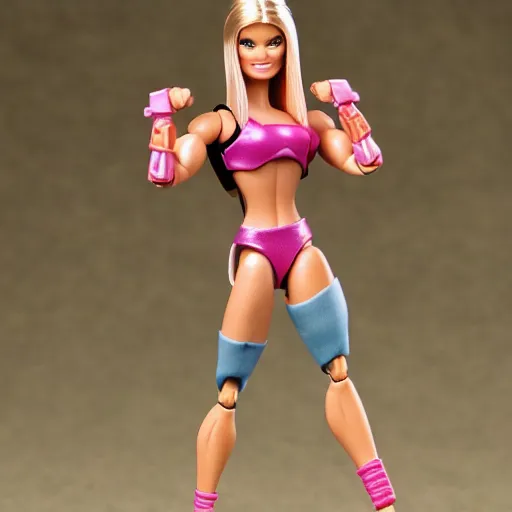 Image similar to combination of barbie and he - man, muscular girl toy, action figure, powerful muscles, detailed joints, toy photography