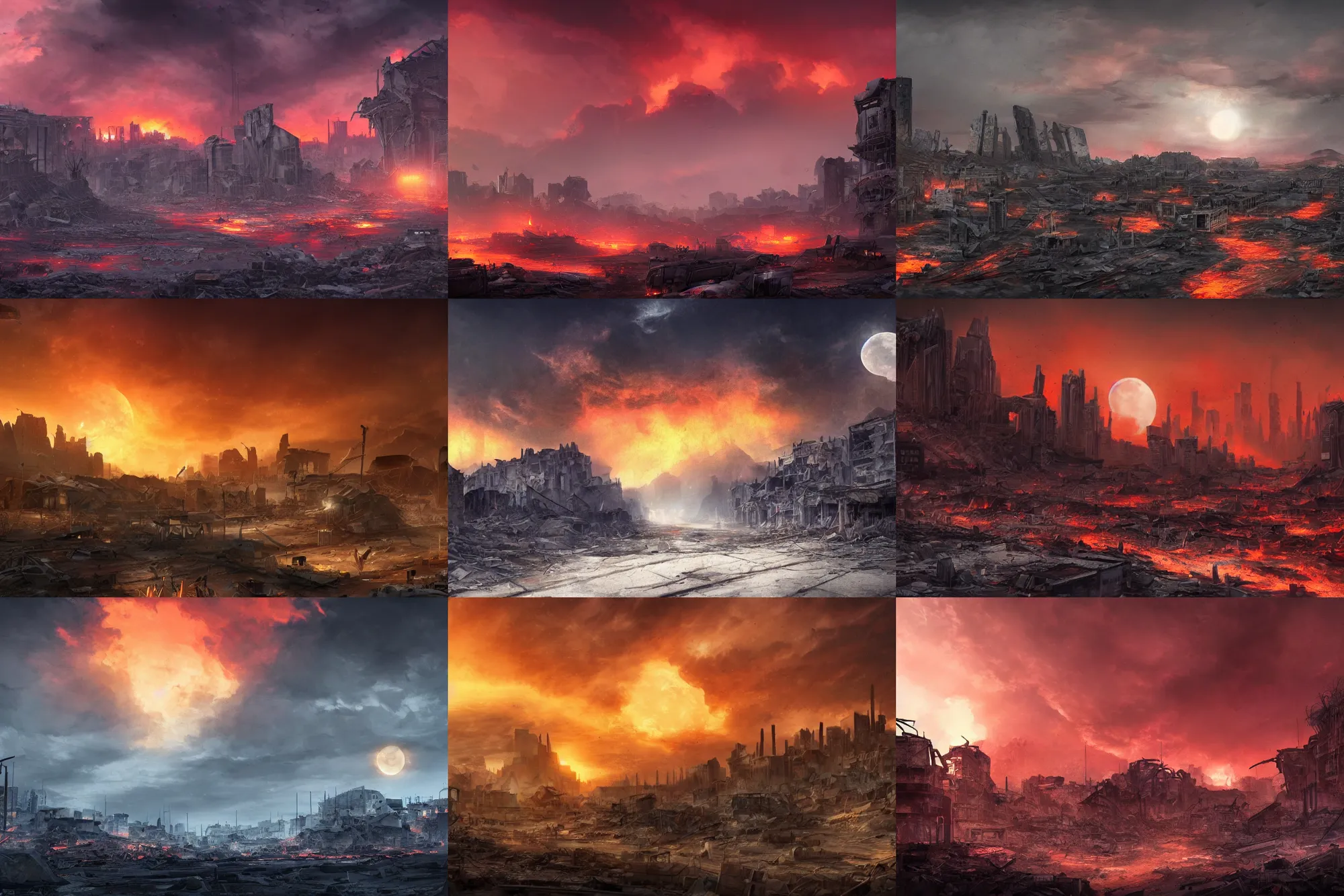 Prompt: a city in ruins in a desolate wasteland. The sky is on fire. All colour has drained from the land. A devastating war. The moon is broken. Digital art. Trending on artstation. Sharp focus.