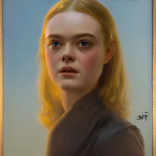 Prompt: ultra realistic medium shot portrait painting of elle fanning in prey, art by frank frazetta and michael sowa, 4 k, ultra realistic, highly detailed, epic lighting