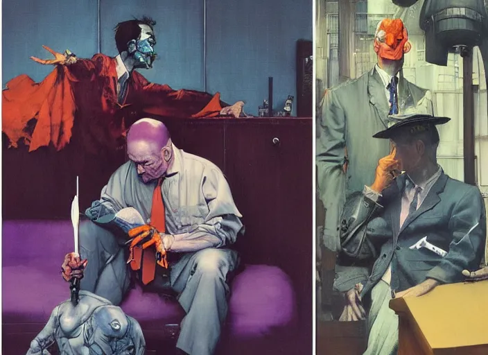 Image similar to a still from the tv series law and order by francis bacon and norman rockwell and james jean, and mark brooks, triadic color scheme, by greg rutkowski, syd mead and edward hopper and norman rockwell and beksinski, dark surrealism, purple and orange and turquoise