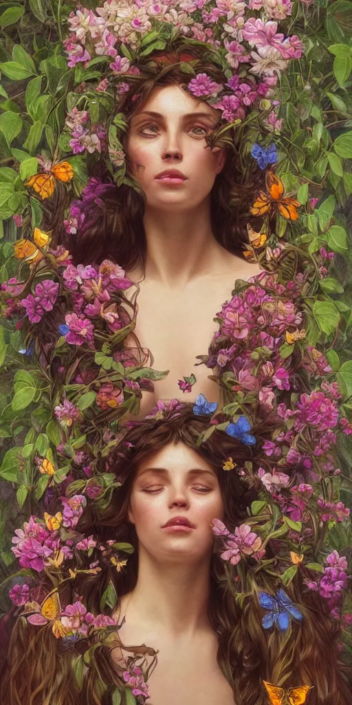 Prompt: adam and eve, intense eyes, tears running down, crying, vaporwave aesthetic, synthwave, colorful, psychedelic, garden of eden, crown, flowers, bees, butterflies, ribbons, ornate, intricate, digital painting, artstation, concept art, smooth, sharp focus, illustration, art by artgerm and greg rutkowski and alphonse mucha