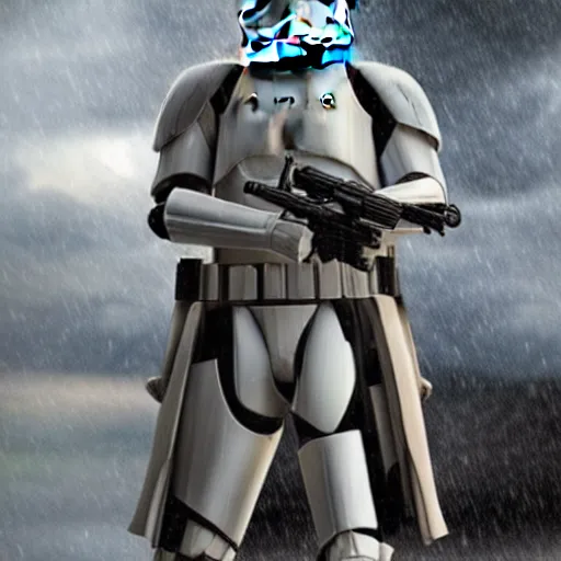 Prompt: star wars clone trooper, sitting on crate in Kamino, in the rain, detailed, incredible, 4k, photorealistic