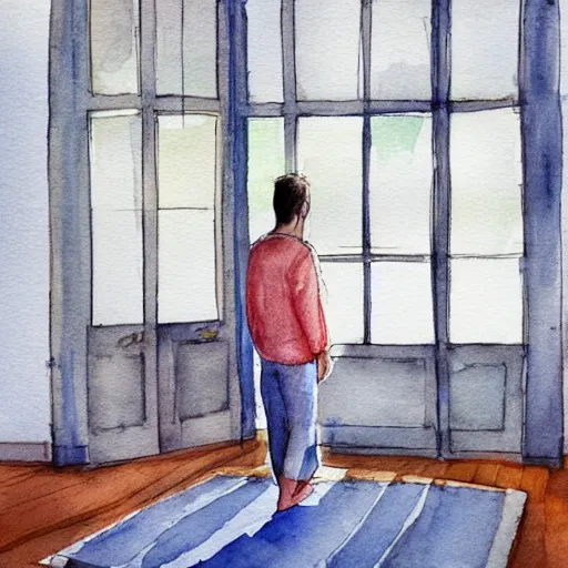 Image similar to person in pyjamas standing near window, sun rays, daylight, big french door window, 2 4 mm, wooden floor, modern, blue sky, photorealistic, high ceiling, watercolor painting