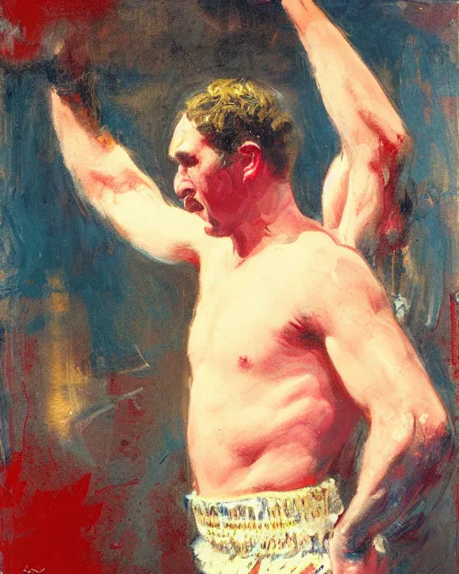 Prompt: sigma sam hyde standing triumphantly on a boxing stage, smooth, sharp focus, by jeremy lipkin, john berkey, claude monet, dino valls