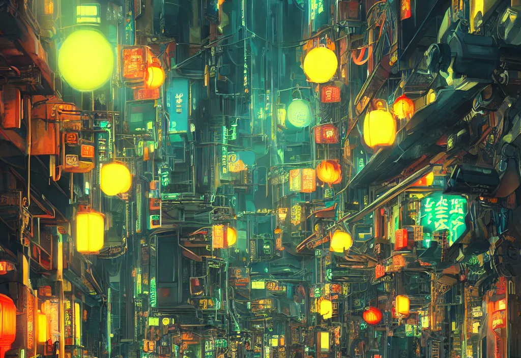 Image similar to a futuristic cyberpunk japanese izayaka alley with neon lights and lanterns, soft glow, intricate, cybernetic, viewed at 3 / 4 angle, trending on artstation, octane render, unreal engine, colorful, in the style of chris foss, rodger dean, moebius, michael whelan, and gustave dore