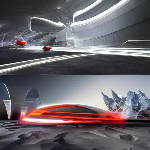 Image similar to sci-fi cars and wall near structure on the coronation of napoleon painting : and digital billboard in the middle and everything in style of zaha hadid and suprematism forms, unreal engine 5, keyshot, octane, artstation trending, ultra high detail, ultra photo realistic, 8k, 16k, in plastic, dark, tilt shift,