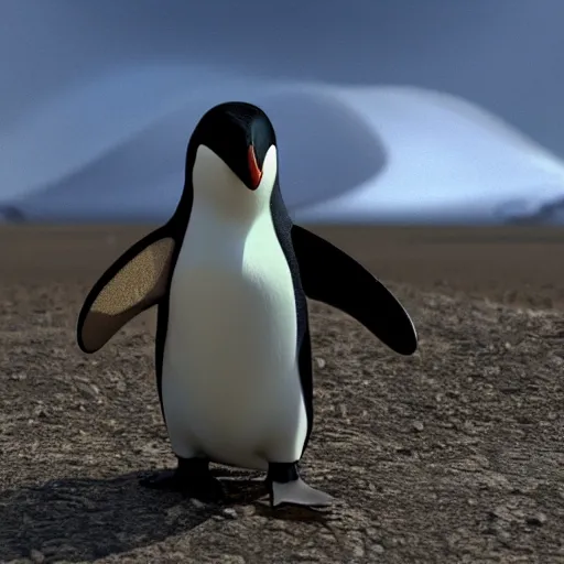 Image similar to pooping Penguin in the desert, Pyjama british Air force Officer, octane render, unreal engine, 8k high definition