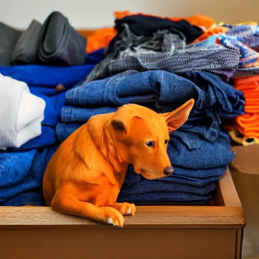 Prompt: An orange dog staring at a drawer filled with socks on fire, high-resolution photo