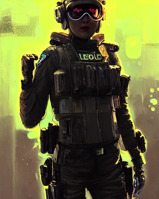 Image similar to detailed neon female swat officer flying a jet, cyberpunk futuristic, neon, reflective puffy coat, decorated with traditional japanese by ismail inceoglu dragan bibin hans thoma greg rutkowski alexandros pyromallis nekro rene margitte, wide angle, illustrated, perfect face, fine details, realistic shaded, fine - face, pretty face