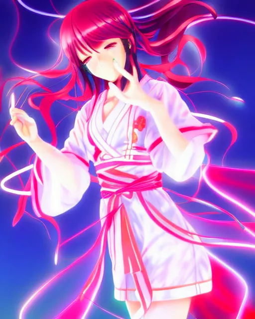 Image similar to anime style, vivid, expressive, full body, 4 k, painting, a cute magical girl idol with a long wavy hair wearing a kimono outfit, correct proportions, stunning, realistic light and shadow effects, neon lights, studio ghibly makoto shinkai yuji yamaguchi