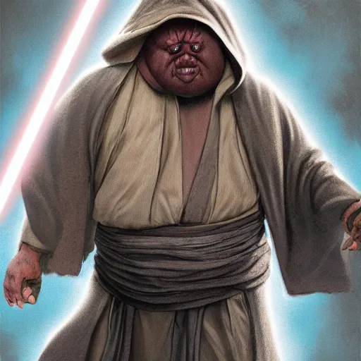 Image similar to highly detailed portrait of morbidly obese jedi fighting a sith, illustration, trending on artstation