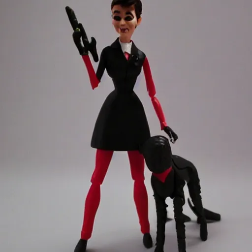 Image similar to audrey hepburn cos play, professional dog walker, stop motion vinyl action figure, plastic, toy, butcher billy style