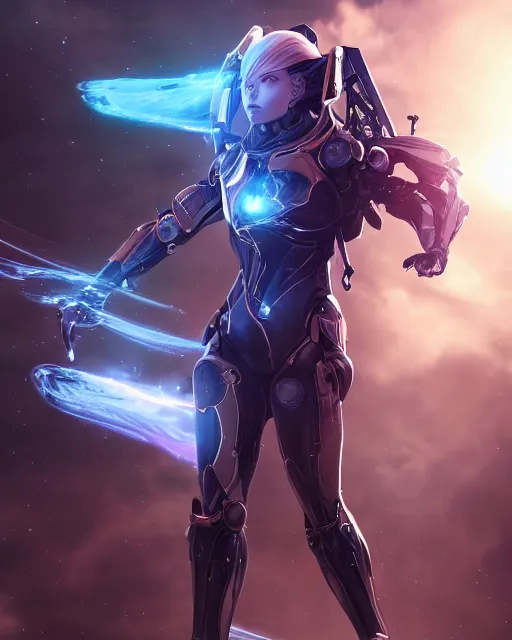 Image similar to perfect android girl on a mothership, warframe armor, beautiful face, scifi, futuristic, galaxy, nebula, raytracing, dreamy, long white hair, blue cyborg eyes, sharp focus, cinematic lighting, highly detailed, artstation, divine, by gauthier leblanc, kazuya takahashi, huifeng huang