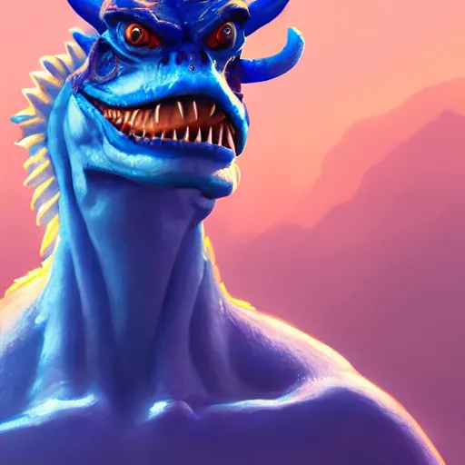 Prompt: Portrait of a blue lizardman that looks like a Dilophosaurus, mattepainting concept Blizzard pixar maya engine on stylized background splash comics global illumination lighting artstation lois van baarle, ilya kuvshinov, rossdraws
