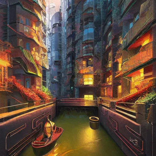 Image similar to Narrow cosy waterway in futuristic sci-fi city in harmony with nature. Nice colour scheme, soft warm colour. Beautiful detailed painting by Lurid. (2022)