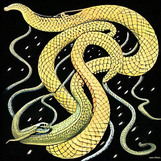 Prompt: a snake stars in singing i'm the rain album cover,