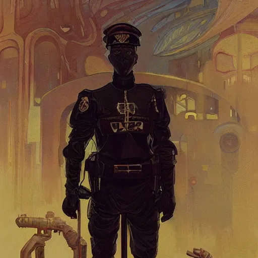 Image similar to portrait of rubbery, gaunt albino mutant with moist skin, sharp features, large lips, huge black eyes and determined expression, wearing fascist Byzantine police uniform and standing on cyberpunk docks, Dune concept art by Anato Finnstark, Alphonse Mucha, and Greg Rutkowski