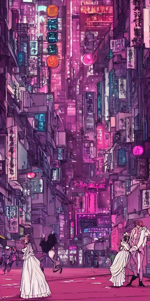 Image similar to !dream Marie antoinette and court princess dancing in cyberpunk city street, kowloon, blade runner, Laurie Greasley, Jen Bartel, Tarmo Juhola, Roger Deakins