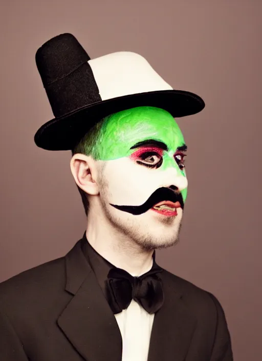 Image similar to a fashion portrait photograph of a man in a black suit wearing a black bowler hat with face painted as a green apple, 3 5 mm, color film camera,