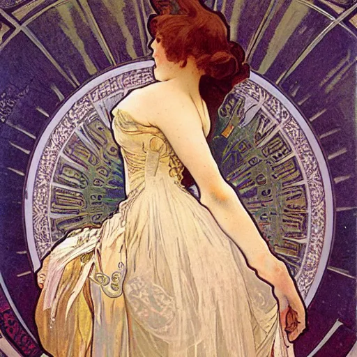 Image similar to young victorian lady in ball gown, painted by alphonse mucha