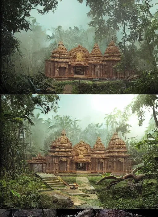 Image similar to 8 k concept art from a hindu temple lost in the jungle by david mattingly and samuel araya and michael whelan and dave mckean and richard corben. realistic matte painting with photorealistic hdr volumetric lighting. composition and layout inspired by gregory crewdson.