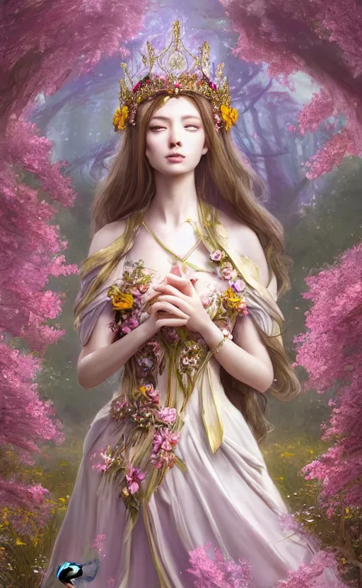 Prompt: A beautiful fantasy empress, highly detailed full body, just one head, amazing flower tiara, long hair, wearing aristocrat robe, delicate figure, field of flowers, among foxes and deer, epic composition, ultra wide-shot, dynamic pose, concept art, beautifully lit, person center composition, digital painting, smooth, character design, sharp focus, elegant, intricate, trending on artstation, by WLOP and James Jean and Victo Ngai