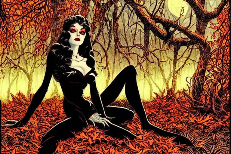 Prompt: a stunning vampiress sitting in an autumn forest, fantasy graphic novel style, by wendy pini and virgil finlay, intricate, vivid gradient colors, very fine inking lines, extremely detailed, 4k, hd