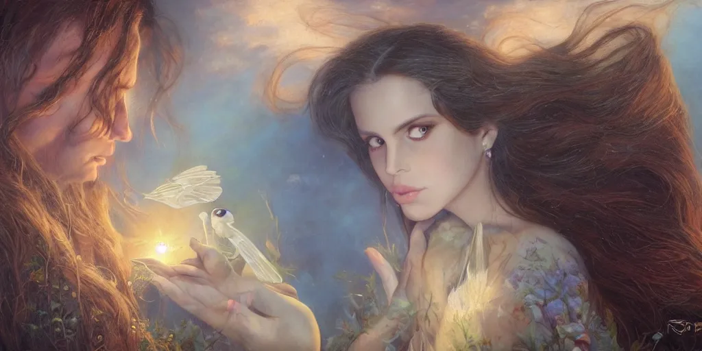 Image similar to big-eyed Lana Del Rey staring into the camera, sundown misty firefly wisps, Lilia Alvarado, Sophie Anderson, Mark Arian, Bob Byerley, Charlie Bowater, Mark Brooks, Steve Henderson, Justin Gerard, Arthur Hughes, Edward Robert Hughes, Mark Keathley, Victor Nizovtsev, Carlos Shwabe, Ross Tran, WLOP