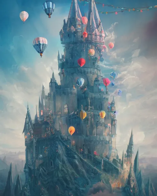 Image similar to flying cloud castle, buildings, baloons, atmosphere, glow, detailed, full of colour, cinematic lighting, trending on artstation, 4 k, hyperrealistic, extreme details, bright, blue sky, mountains, fantasy, masterpiece, art by wylie beckert