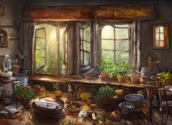 Image similar to expressive rustic oil painting, interior view of a cluttered herbalist cottage, waxy candles, wood furnishings, herbs hanging, light bloom, dust, ambient occlusion, rays of light coming through windows, dim lighting, brush strokes oil painting